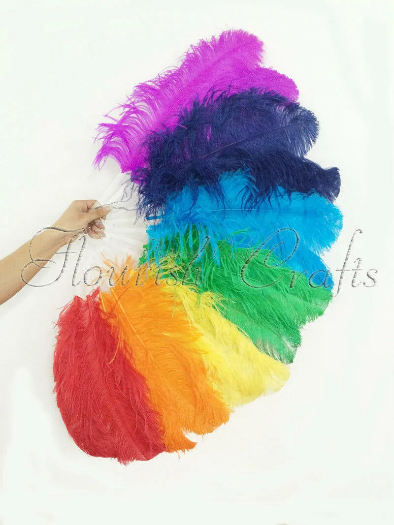 Rainbow single layer Ostrich Feather Fan Full open 180 degree 25"x 50"