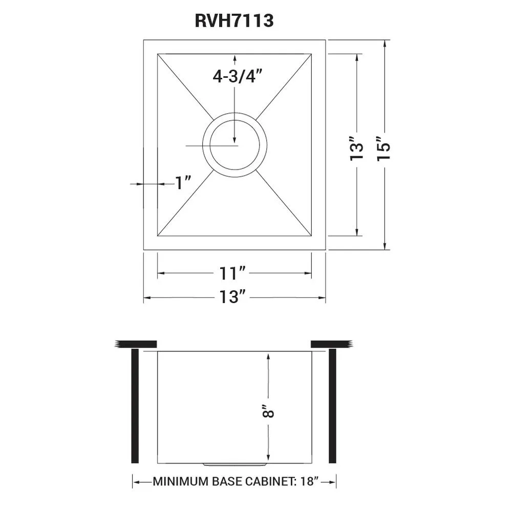 Ruvati 13 x 15 inch Undermount 16 Gauge Zero Raduis Bar Prep Kitchen Sink Stainless Steel Single Bowl - RVH7113