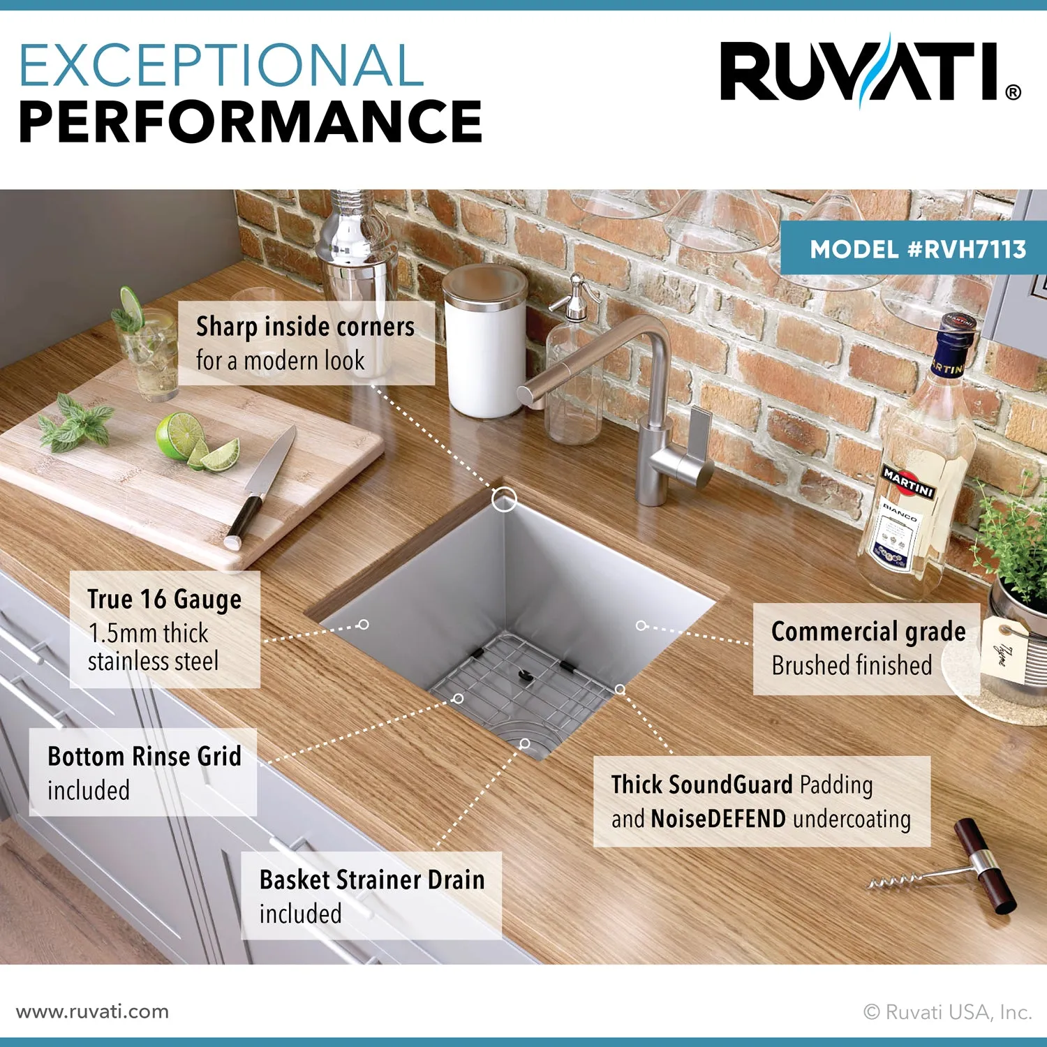 Ruvati 13 x 15 inch Undermount 16 Gauge Zero Raduis Bar Prep Kitchen Sink Stainless Steel Single Bowl - RVH7113