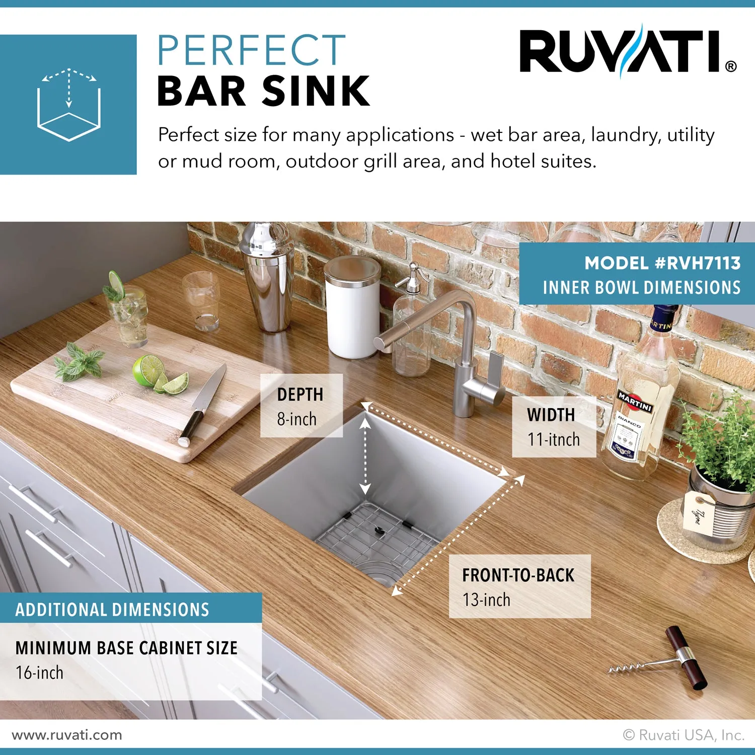 Ruvati 13 x 15 inch Undermount 16 Gauge Zero Raduis Bar Prep Kitchen Sink Stainless Steel Single Bowl - RVH7113