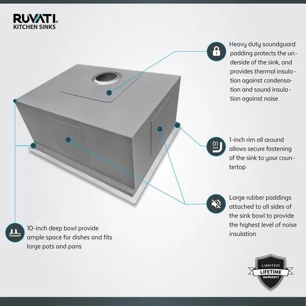 Ruvati 23" Workstation Ledge Bar Prep Kitchen Sink Undermount 16 Gauge Stainless Steel Single Bowl - RVH8308