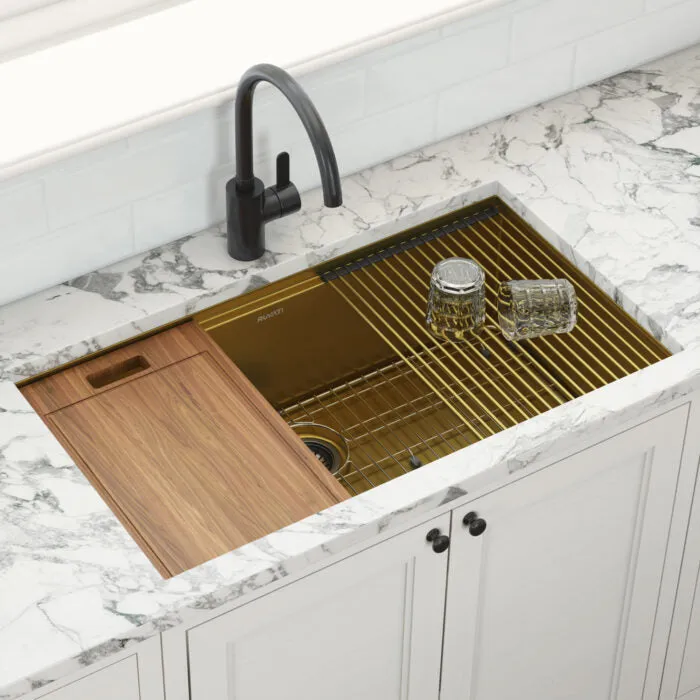 Ruvati 27 inch Polished Brass Matte Gold Workstation Undermount Kitchen Sink Single Bowl – RVH6527GG