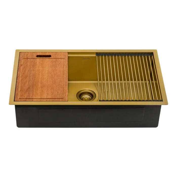 Ruvati 27 inch Polished Brass Matte Gold Workstation Undermount Kitchen Sink Single Bowl – RVH6527GG