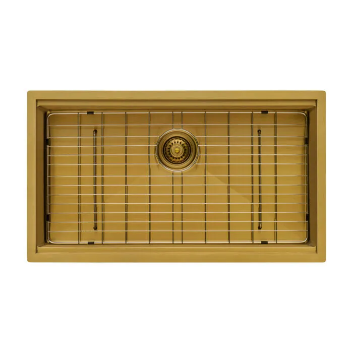 Ruvati 27 inch Polished Brass Matte Gold Workstation Undermount Kitchen Sink Single Bowl – RVH6527GG