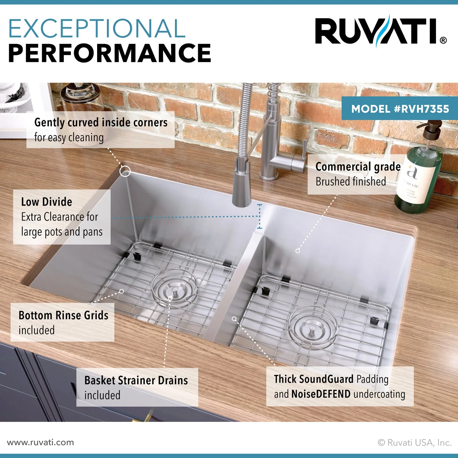 Ruvati 30-inch Low-Divide Undermount Tight Radius 50/50 Double Bowl 16 Gauge Stainless Steel Kitchen Sink - RVH7355