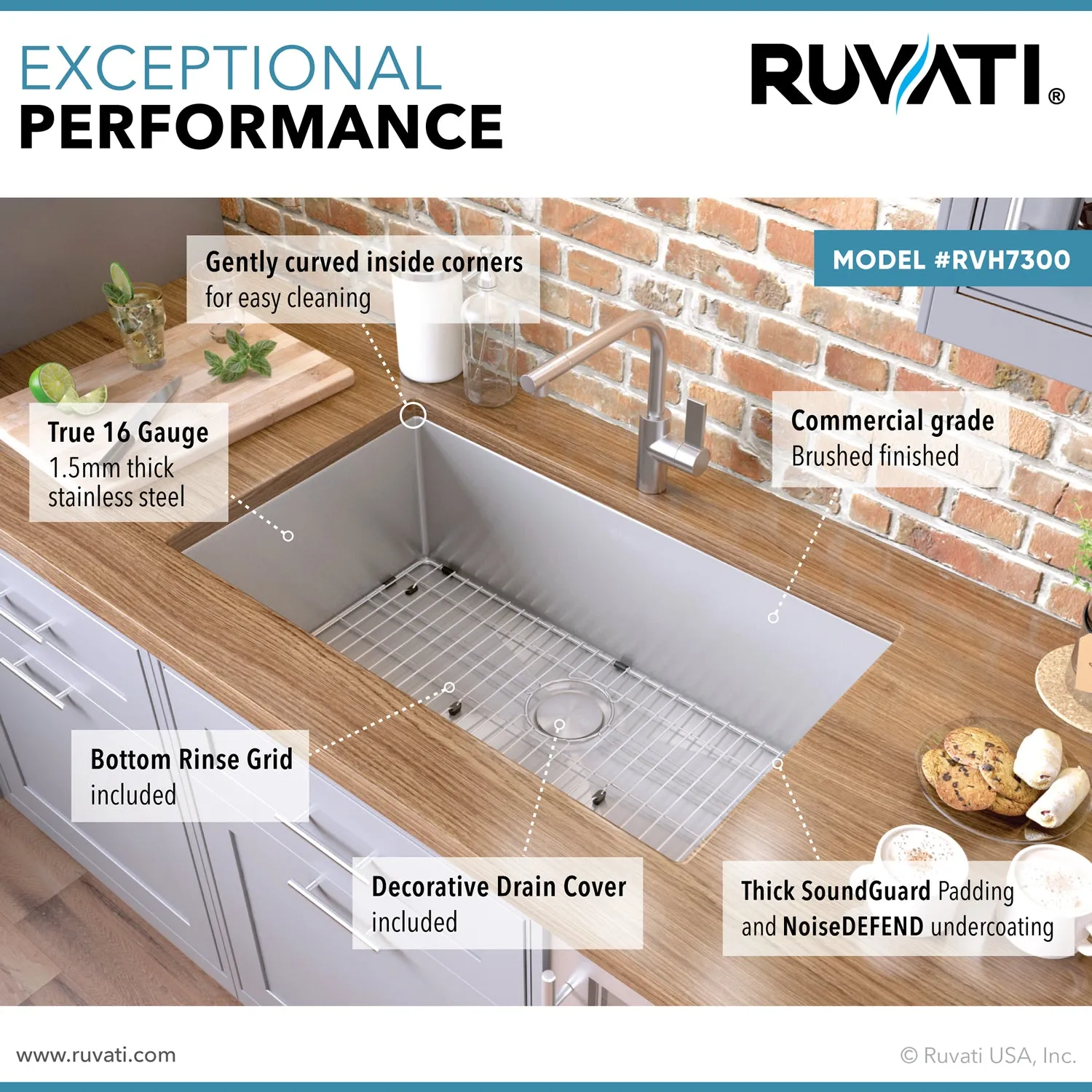 Ruvati 30-inch Undermount 16 Gauge Tight Radius Kitchen Sink Stainless Steel Single Bowl - RVH7300