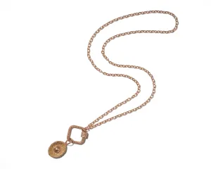 Self Involved Charm, Gritty with Gold Ball on a Gold Meander Lock with a Gold Pulley Chain