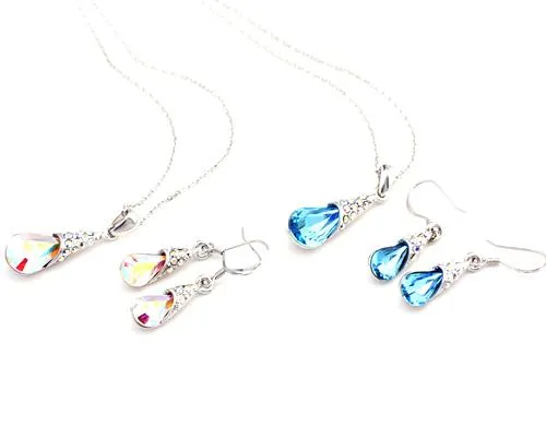 Teardrop Crystal Earring and Necklace Jewelry Set - Blue