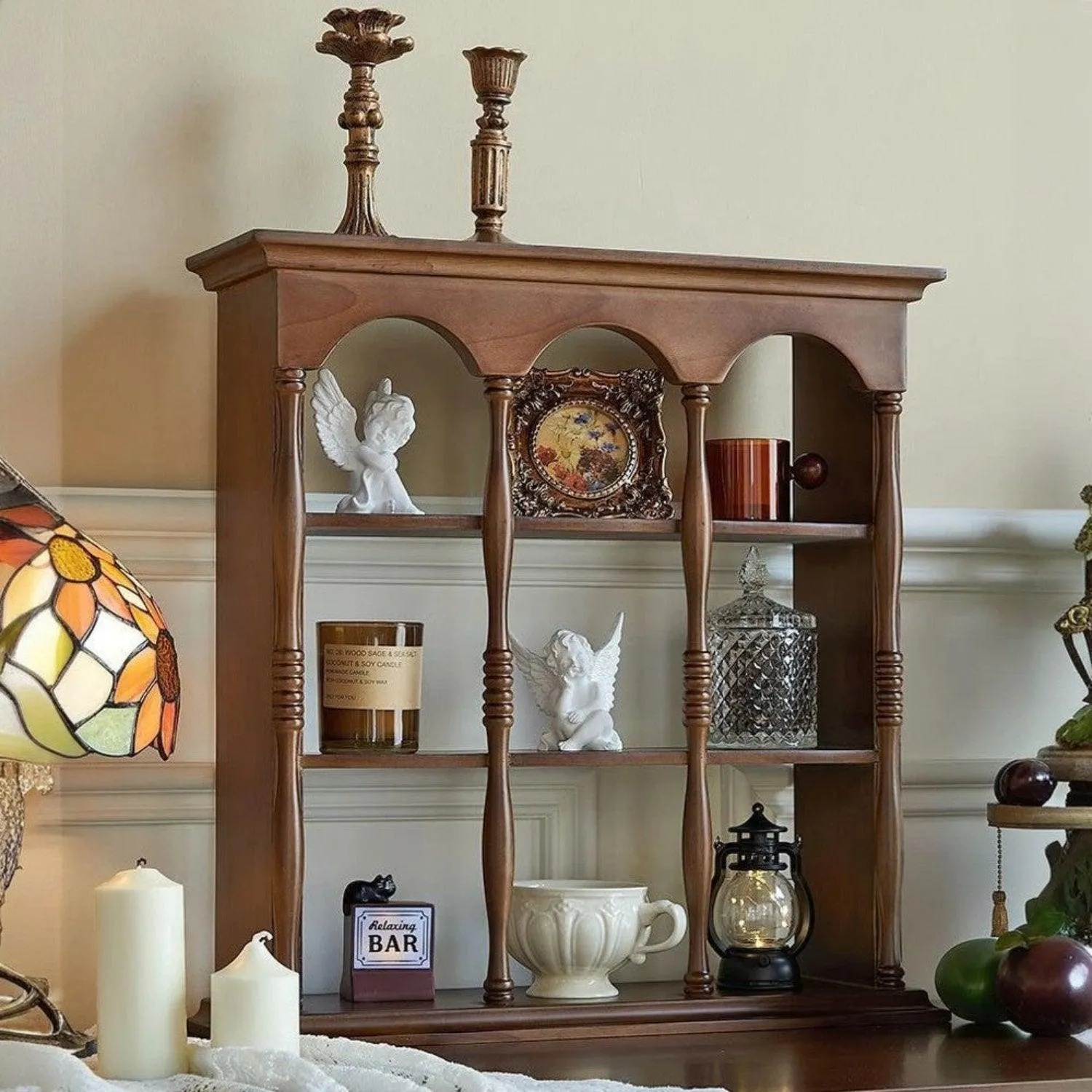 Vintage Solid Wood Shelf/Cup Storage Rack/Wall-Mounted Figurine Display Rack