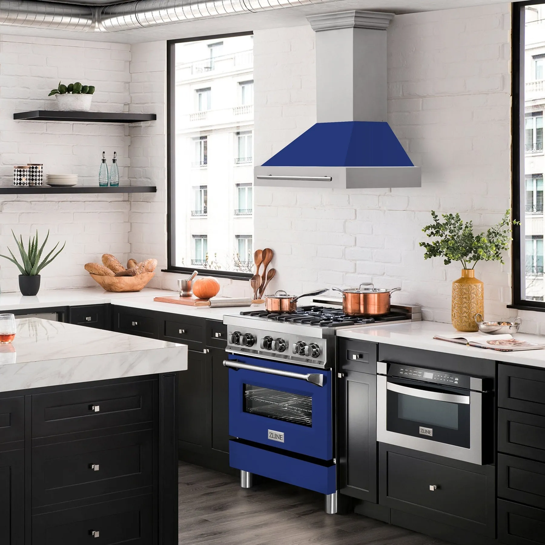 ZLINE 30" Stainless Steel Range Hood with Blue Gloss Shell and Stainless Steel Handle (8654STX-BG30)