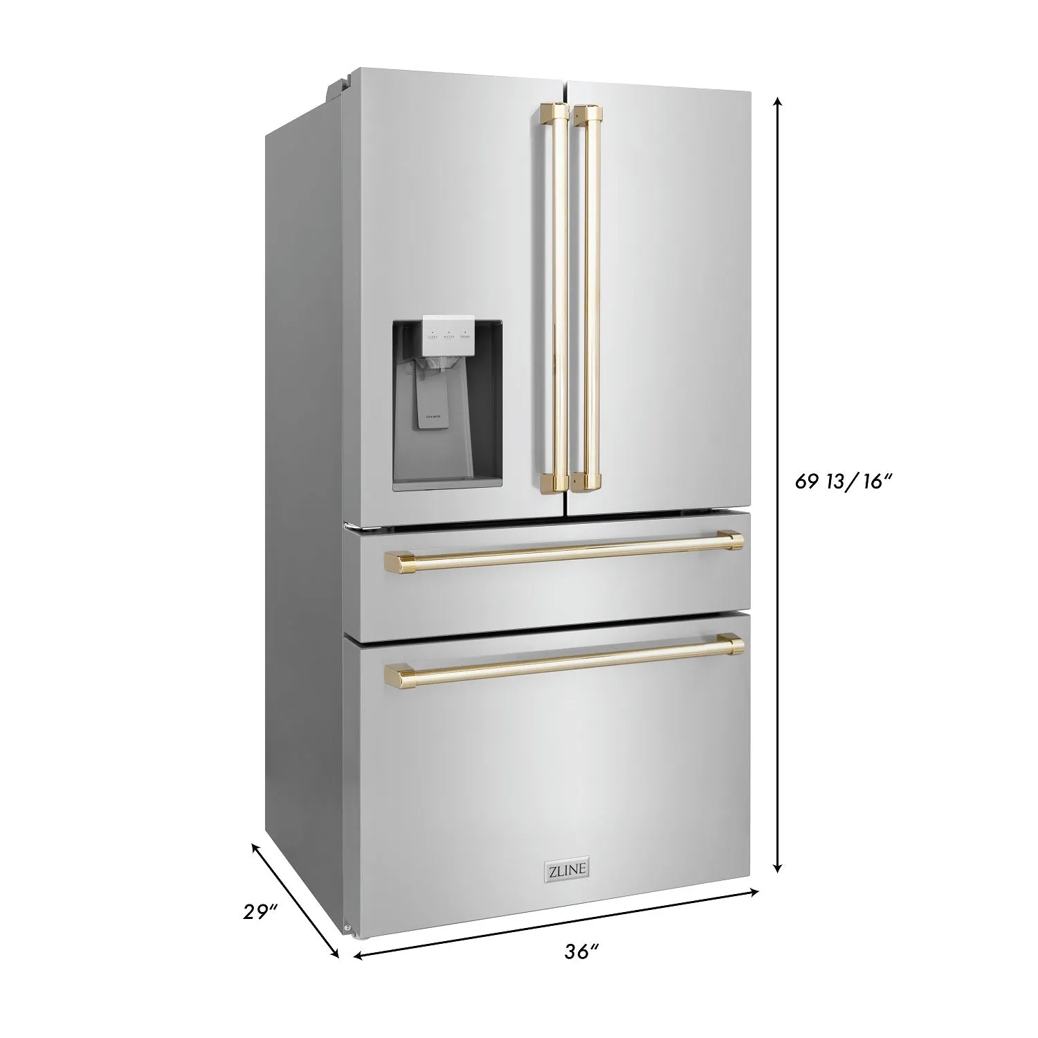 ZLINE 36" Autograph Edition 21.6 cu. ft French Door Refrigerator with Water and Ice Dispenser in Fingerprint Resistant Stainless Steel with Gold Accents