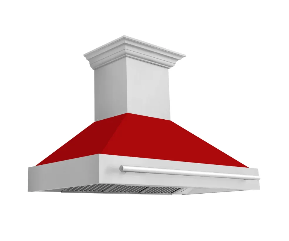 ZLINE 48" Stainless Steel Range Hood with Red Matte Shell and Stainless Steel Handle